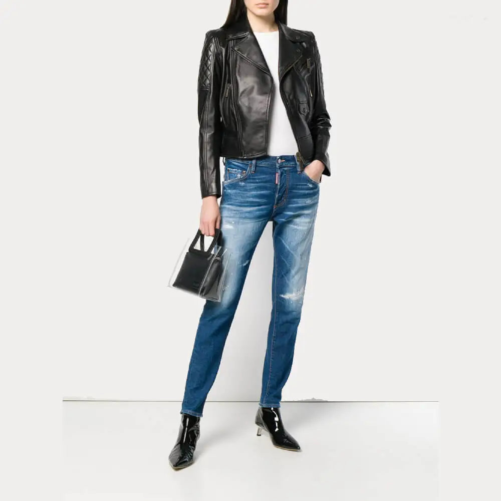 Womens Quilted Black Leather Moto Biker Jacket