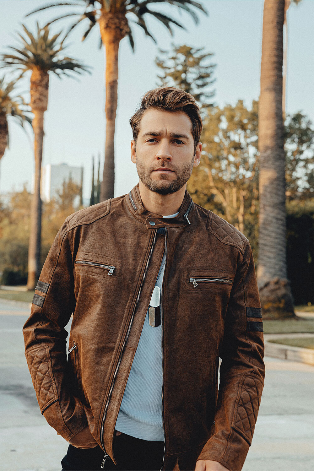 Denver Men’s Brown Bomber Leather Jacket Aviator with Removable Collar