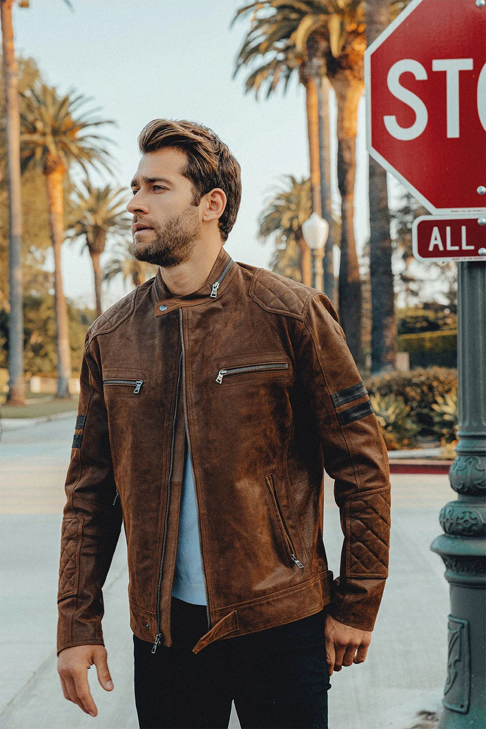 Denver Men’s Brown Bomber Leather Jacket Aviator with Removable Collar