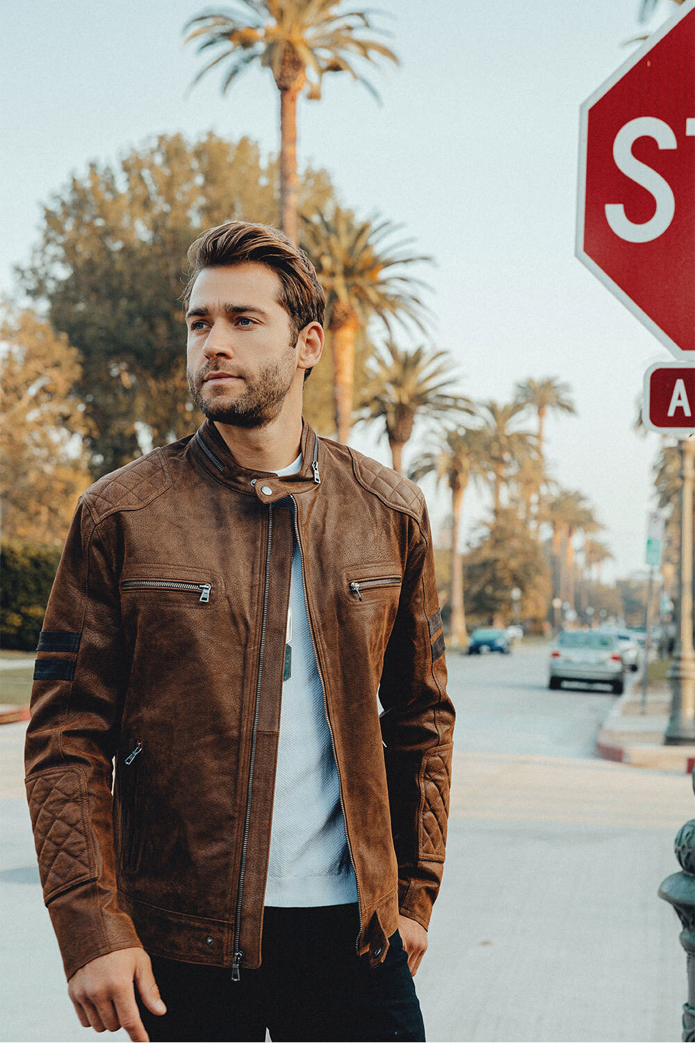 Denver Men’s Brown Bomber Leather Jacket Aviator with Removable Collar