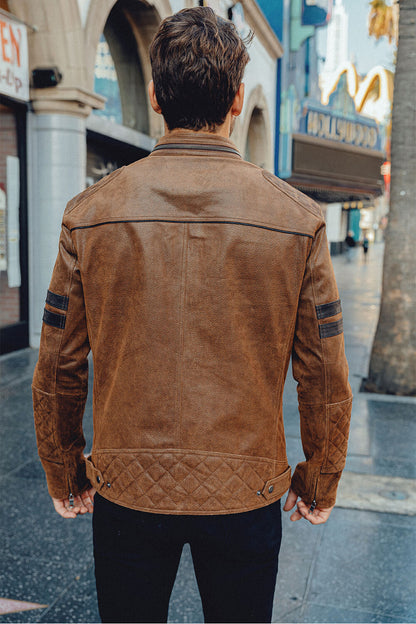 Denver Men’s Brown Bomber Leather Jacket Aviator with Removable Collar