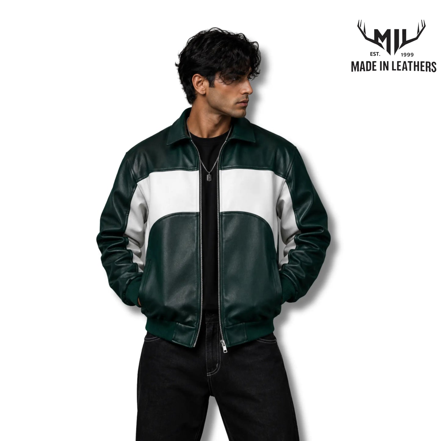 Men's Green & White Two-Tone Leather Bomber Jacket – Premium Handmade Lambskin Leather