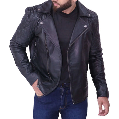 Men's Black Biker Asymmetrical Quilted Leather Jacket