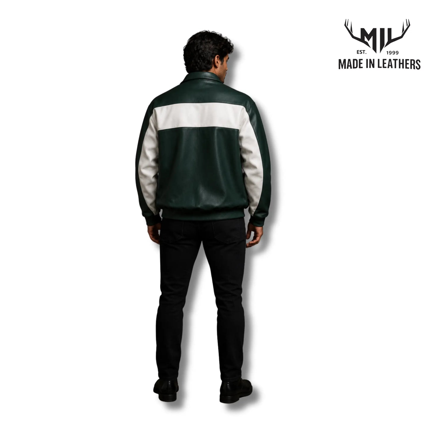 Men's Green & White Two-Tone Leather Bomber Jacket – Premium Handmade Lambskin Leather
