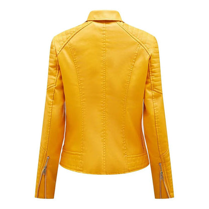 Women's Yellow Lapel Collar Moto Leather Jacket