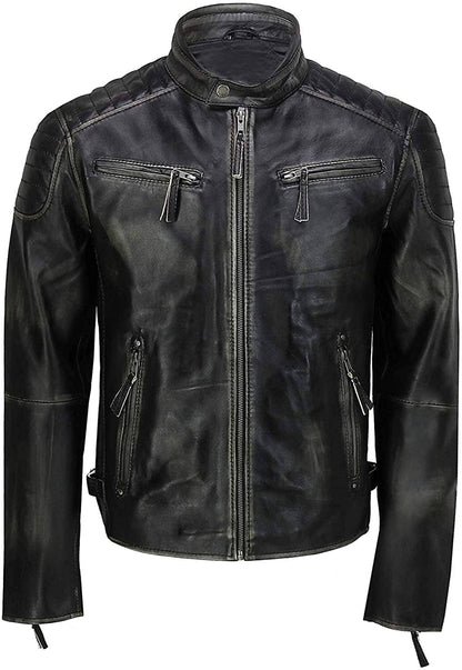 Mens Black Distressed Cafe Racer Leather Jacket
