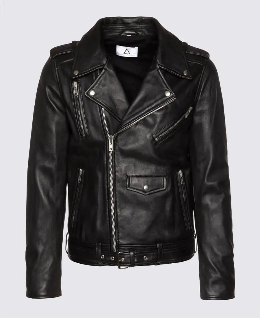 Trent Black Asymmetrical Belted Moto Leather Jacket