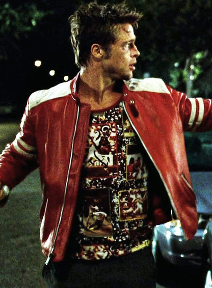 Brad Pitts Tyler Durden Fight Club Mayhem Red & White Leather Jacket