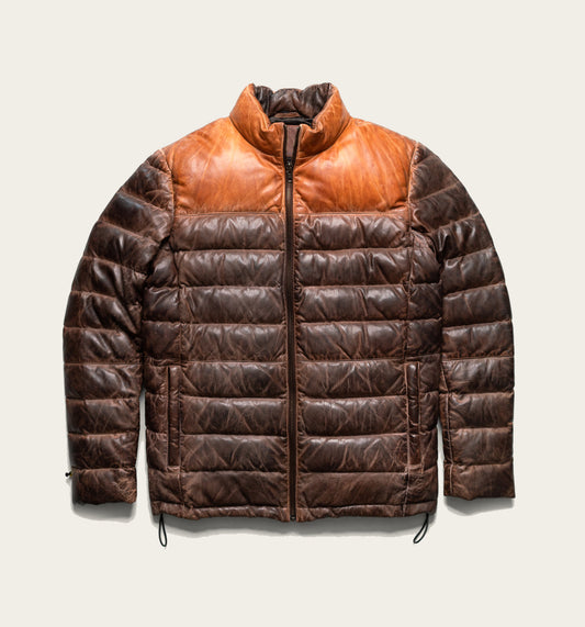 Bridger Mens Tan and Brown Leather Puffer Jacket