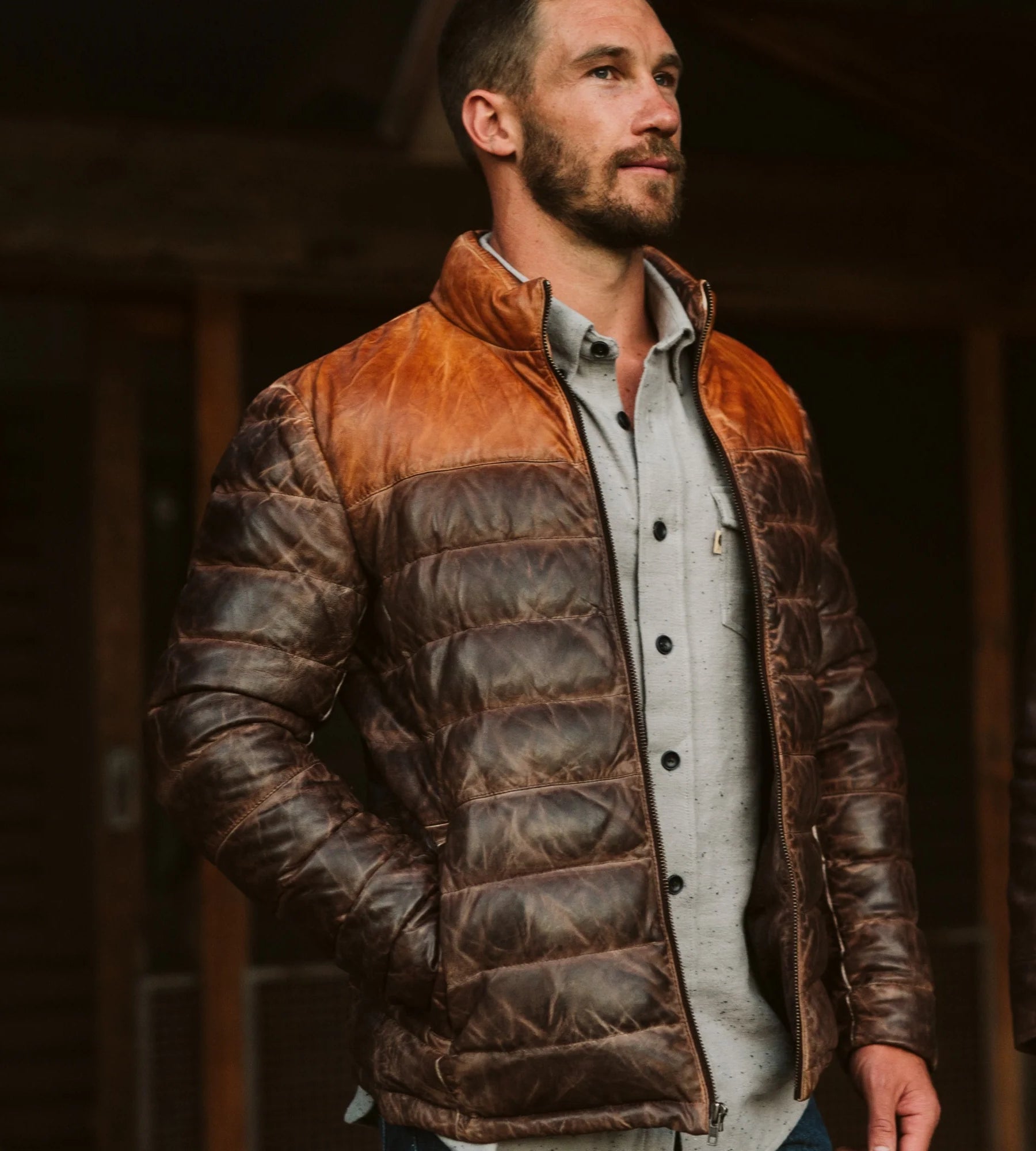 Bridger Mens Tan and Brown Leather Puffer Jacket