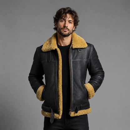 Men’s Faux Shearling Sheepskin Bomber Leather Jacket