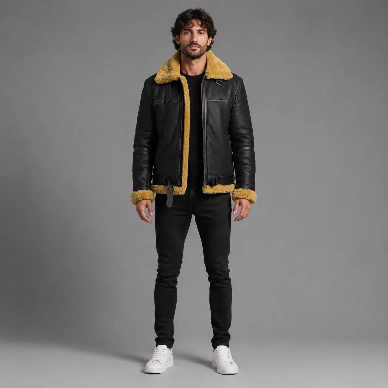 Men’s Faux Shearling Sheepskin Bomber Leather Jacket
