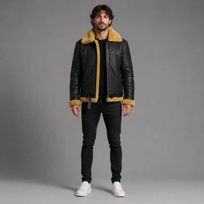 Men’s Faux Shearling Sheepskin Bomber Leather Jacket