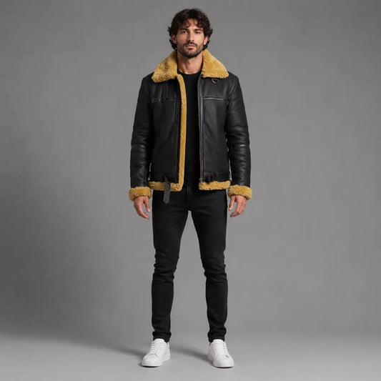 Men’s Faux Shearling Sheepskin Bomber Leather Jacket
