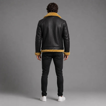 Men’s Faux Shearling Sheepskin Bomber Leather Jacket