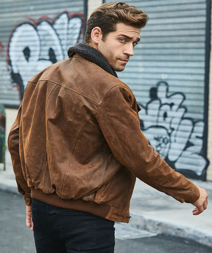 Chris Men’s Real Brown Leather Jacket Removable Fur Collar