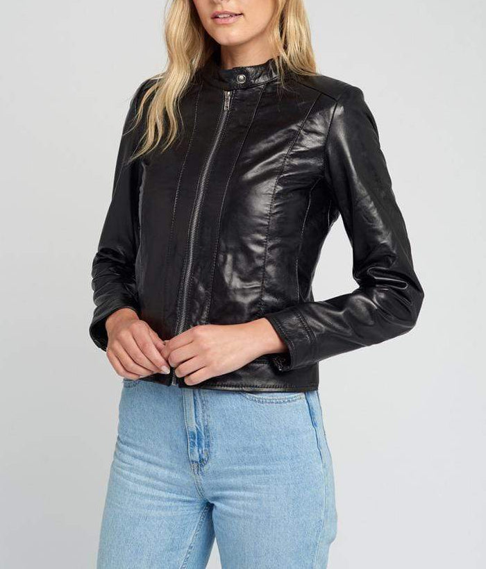 Womens Jami Classic Black Cafe Racer Leather Jacket