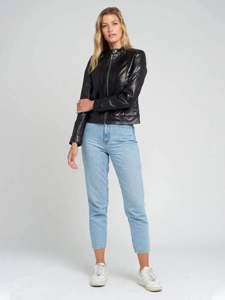 Womens Jami Classic Black Cafe Racer Leather Jacket