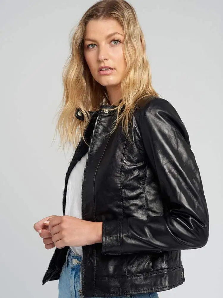 Womens Jami Classic Black Cafe Racer Leather Jacket