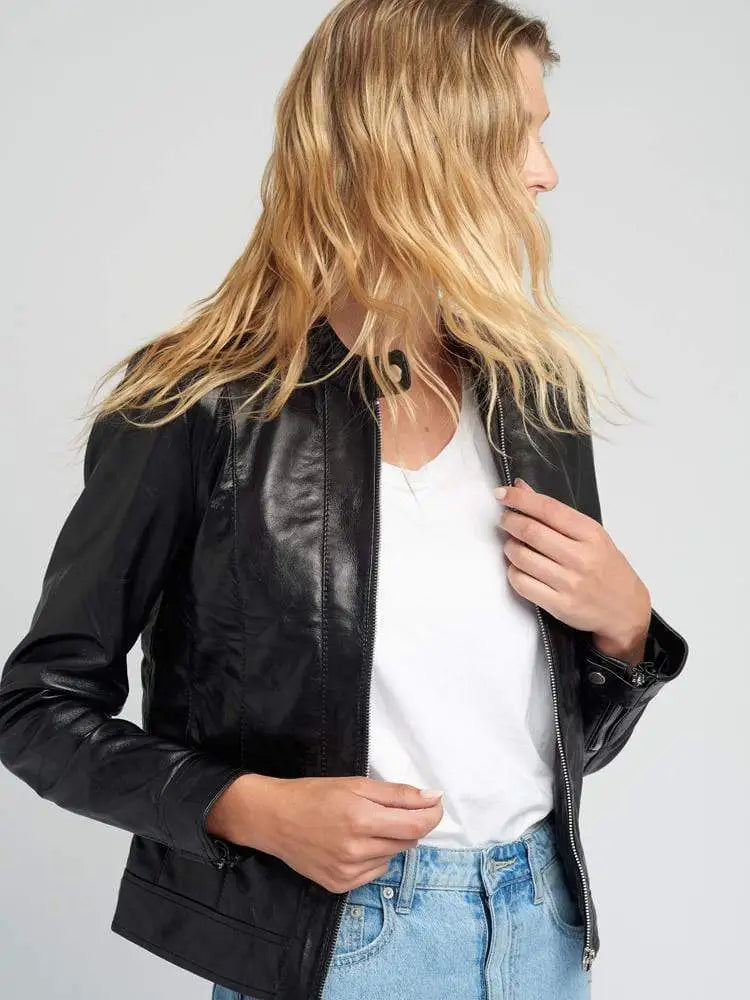 Womens Jami Classic Black Cafe Racer Leather Jacket