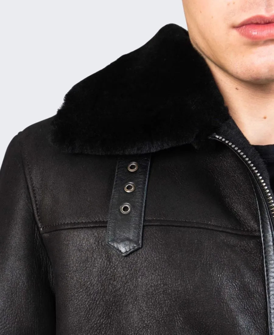 Mens Jet Black Sheepskin Shearling Leather Jacket