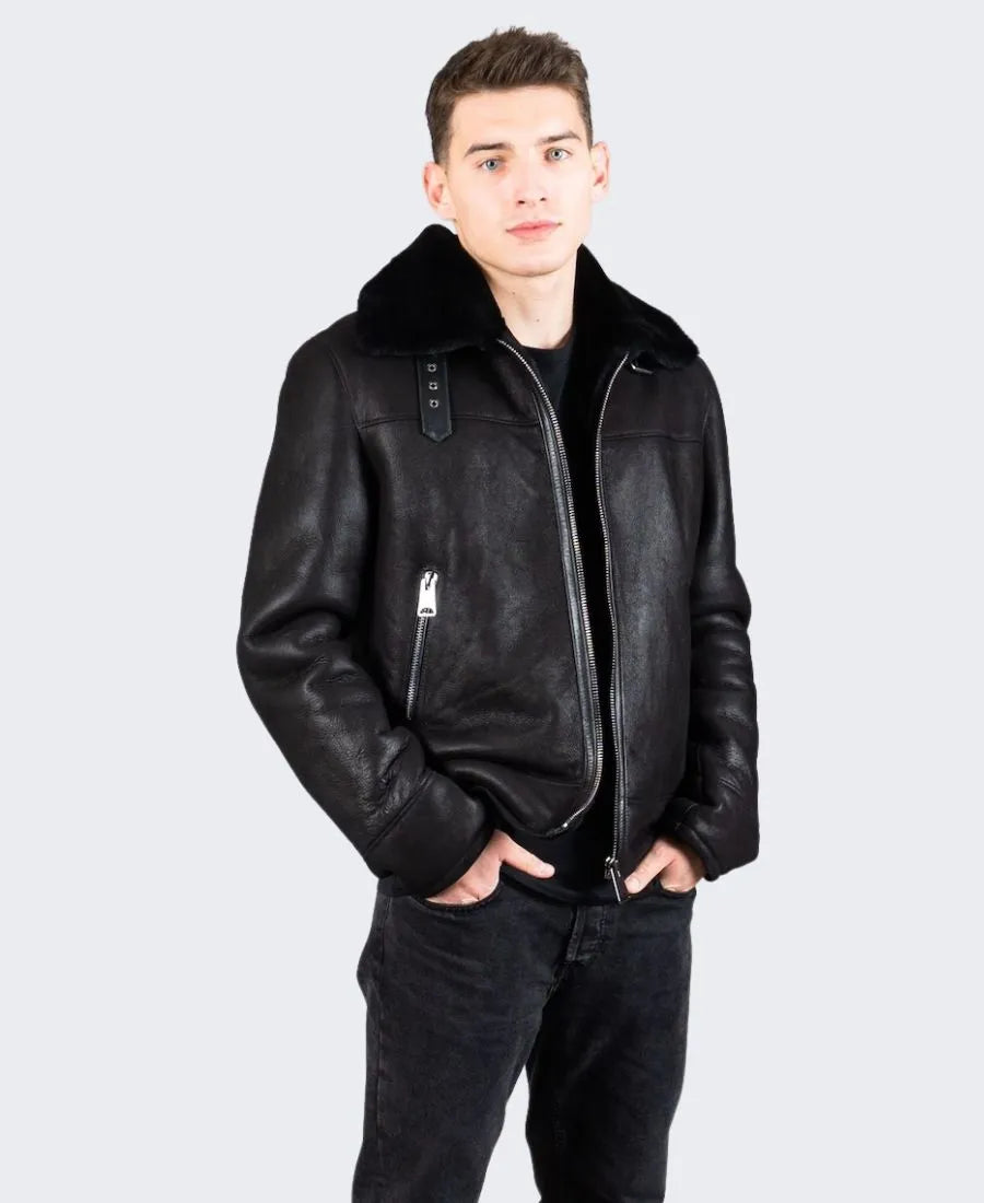 Mens Jet Black Sheepskin Shearling Leather Jacket
