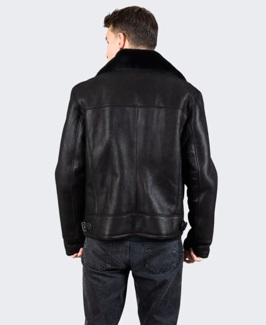 Mens Jet Black Sheepskin Shearling Leather Jacket