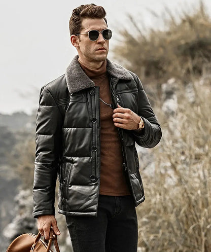Memphis Men’s Black Real Leather Puffer Coat with removable Fur Collar