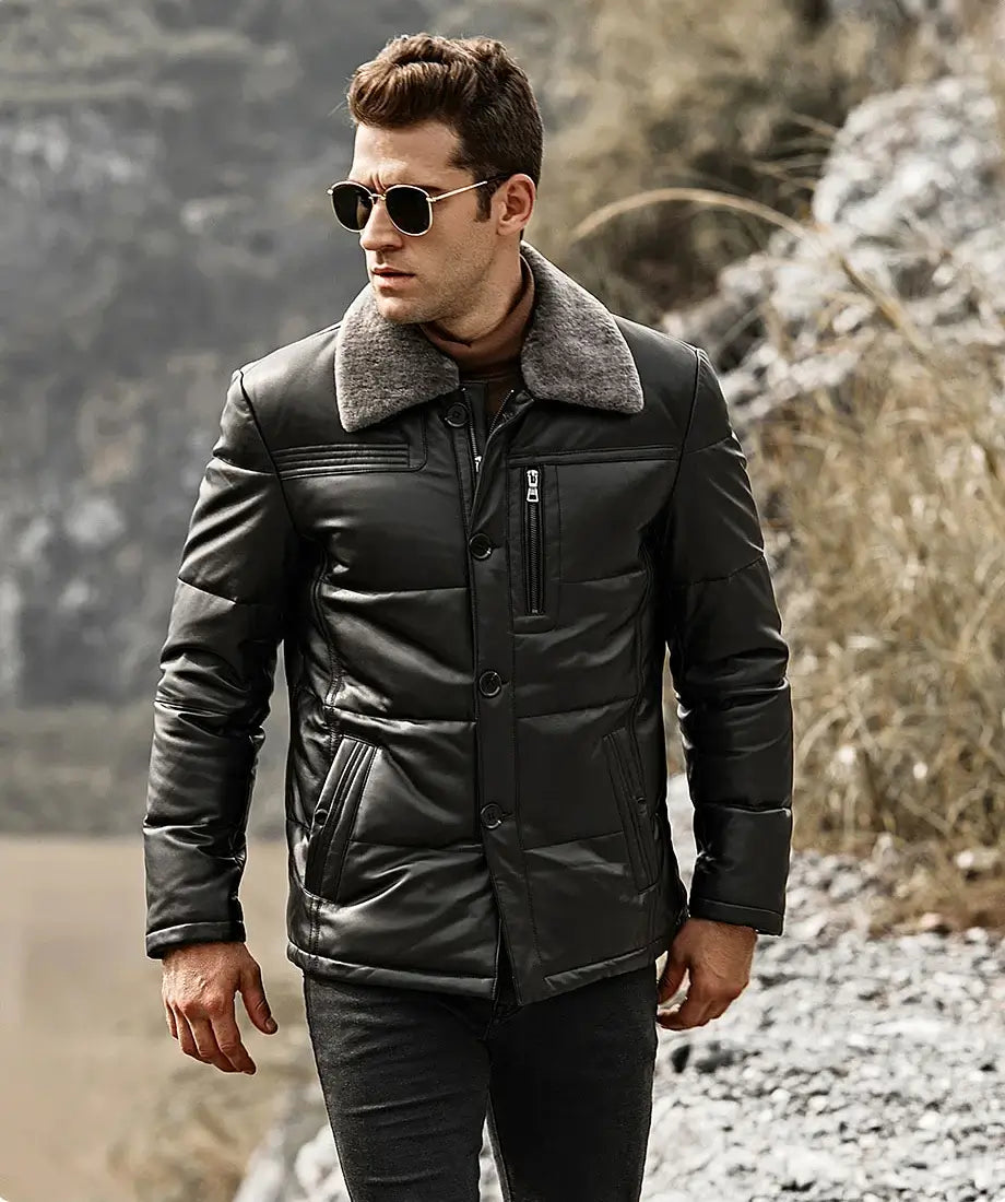 Memphis Men’s Black Real Leather Puffer Coat with removable Fur Collar