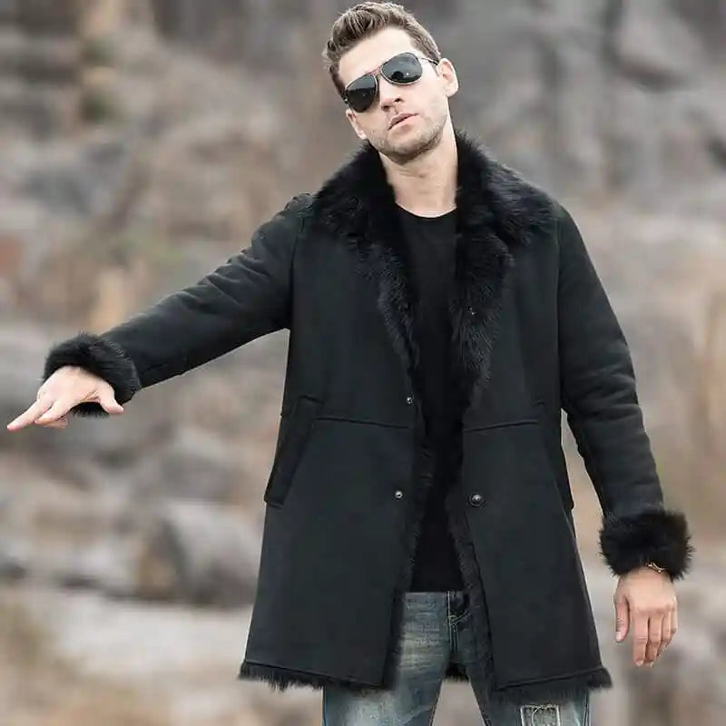 Men’s Black Shearling Fur Suede Leather Trench Coat