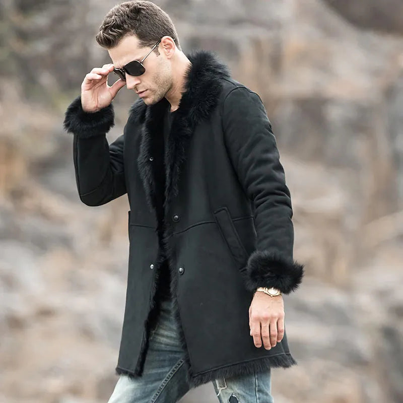 Men’s Black Shearling Fur Suede Leather Trench Coat
