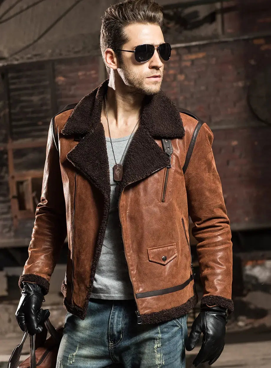 Men’s Brown Faux Shearling Sheepskin Leather Jacket