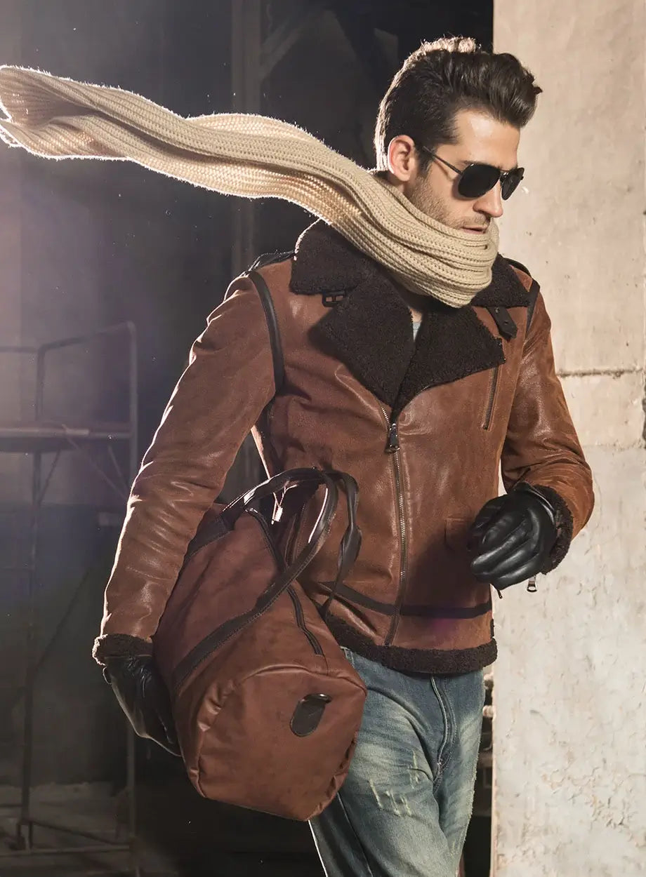 Men’s Brown Faux Shearling Sheepskin Leather Jacket