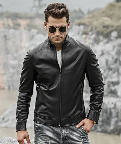 Mens Classic Black Real Leather Moto Jacket
