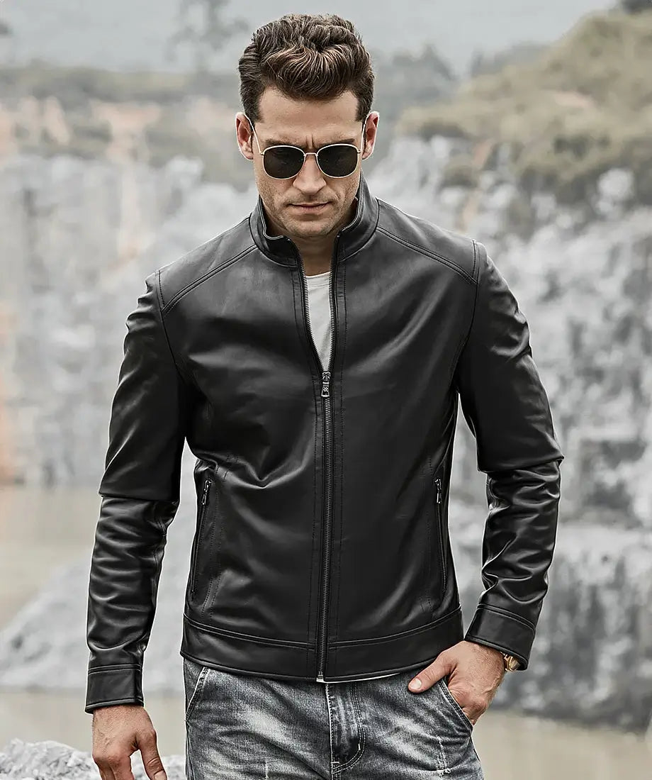 Mens Classic Black Real Leather Moto Jacket