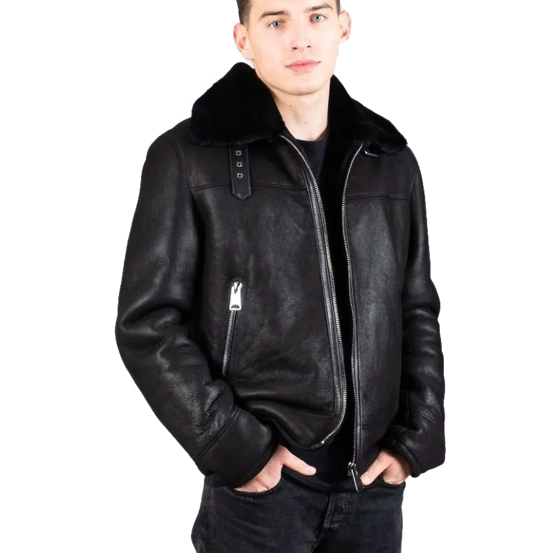 Mens Jet Black Sheepskin Shearling Leather Jacket