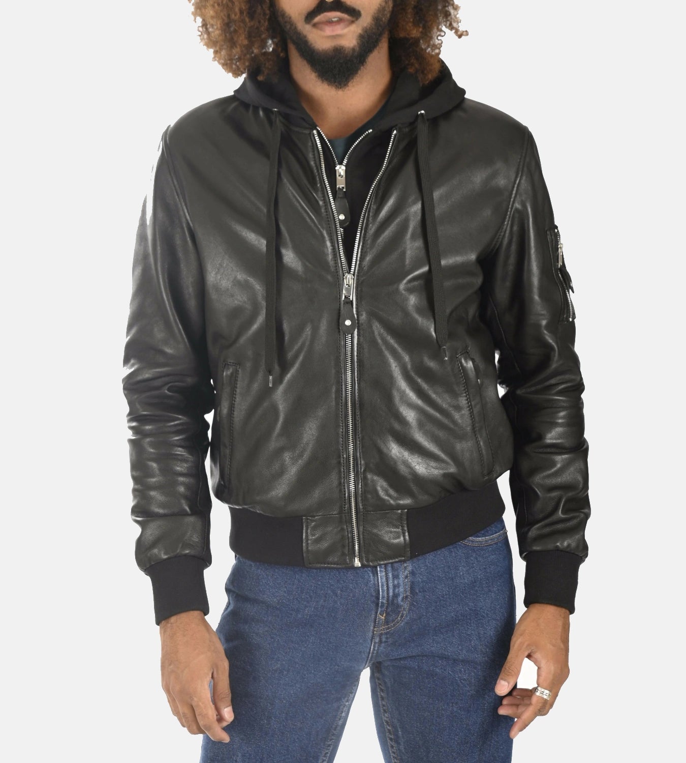 Men’s Teddy Ball Black Genuine Leather Removable Hooded Jacket