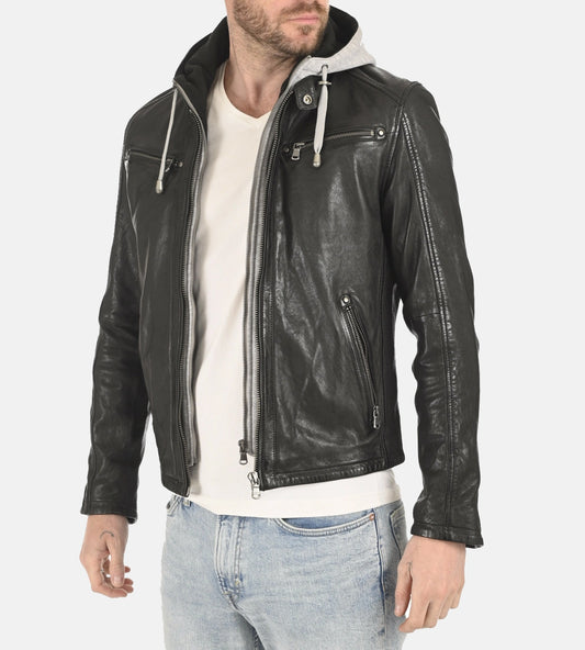 Men’s Winston Black Removable Hoodie Genuine Leather Jacket
