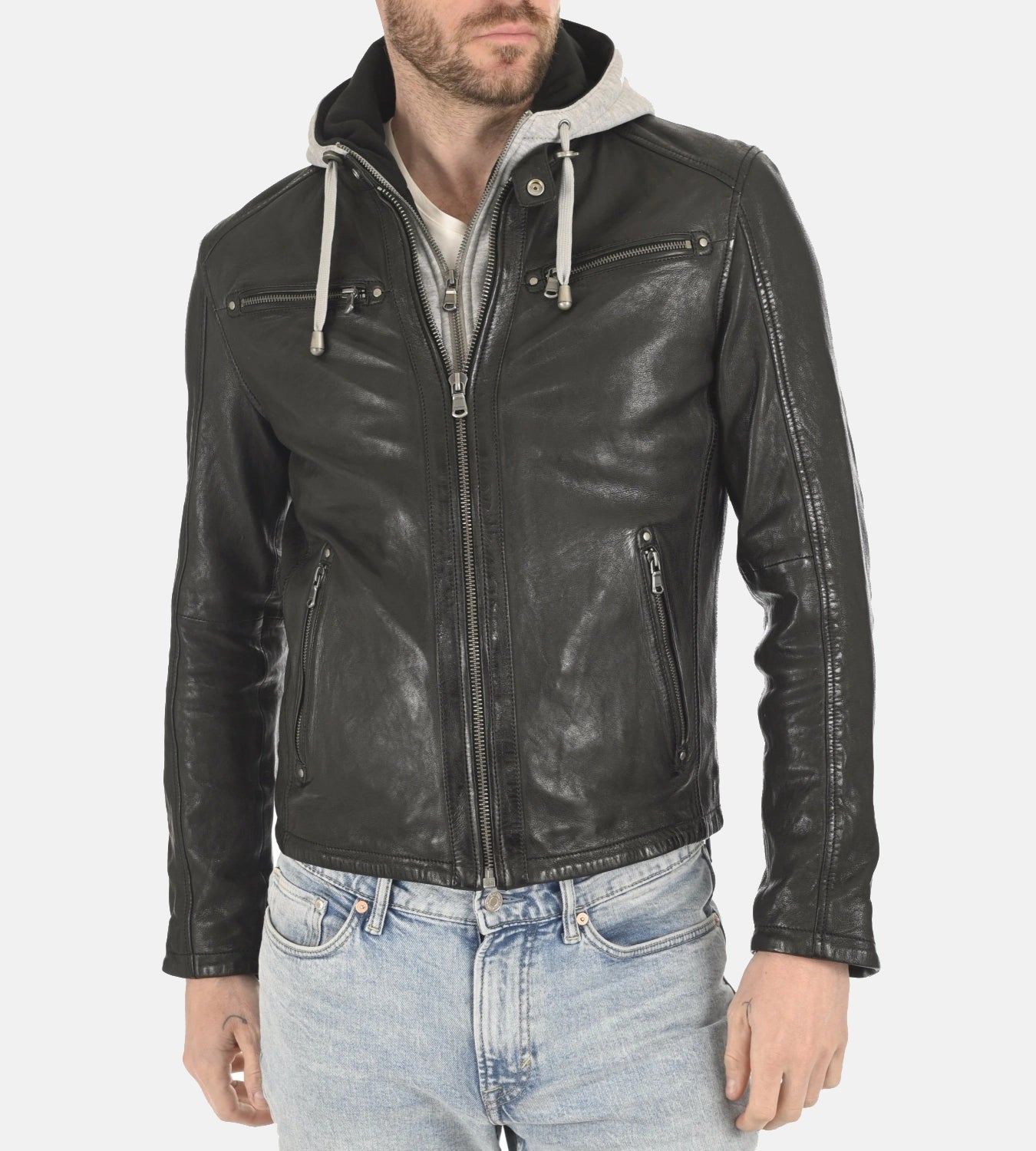 Men’s Winston Black Removable Hoodie Genuine Leather Jacket