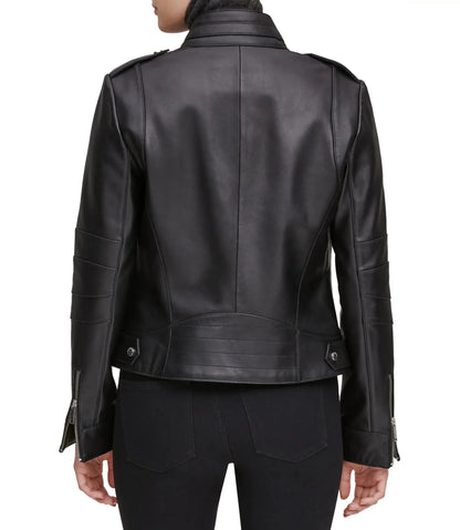 Moto Black Stand Collar Biker Leather Jacket