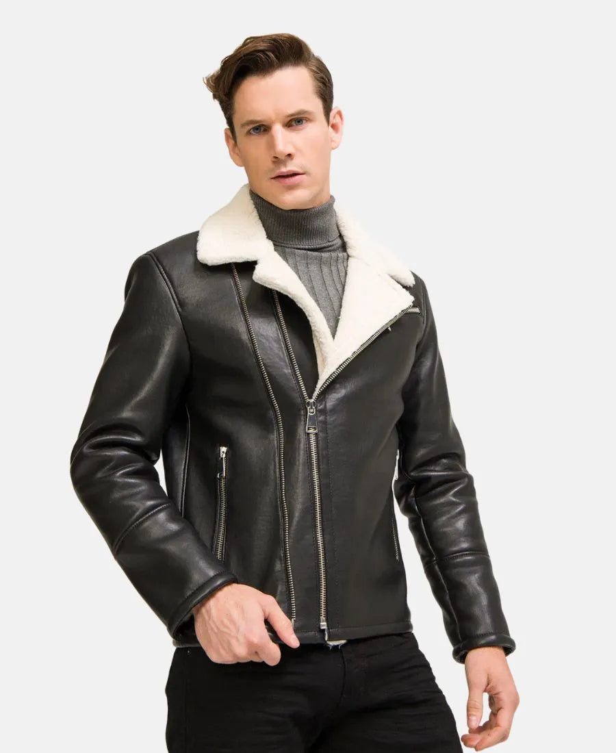 Black Moto Style Real Shearling Leather Jacket