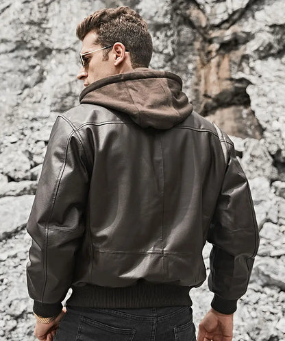 Patrick Air Mens Aviator Brown Hooded Real Leather Bomber Jacket