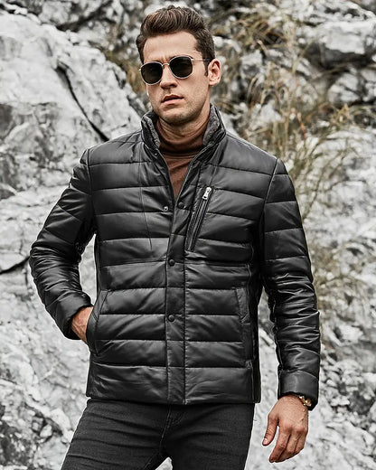 Seattle Men’s Lambskin Leather Puffer Jacket with Removable Fur Collar