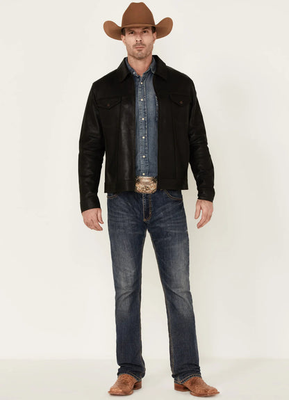 Solid Black Trucker Leather Jacket