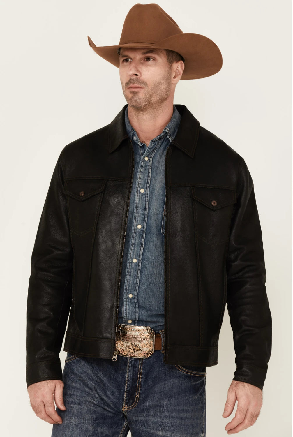 Solid Black Trucker Leather Jacket