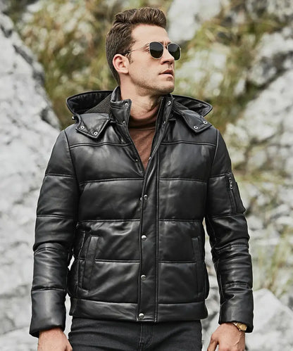 St. Louis Men’s Leather Puffer Jacket Removable Hooded
