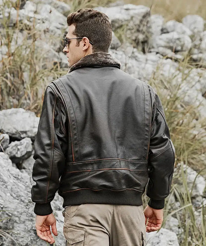 Tom Mens Aviator Bomber Real Cowhide Leather Jacket with Shearling Collar