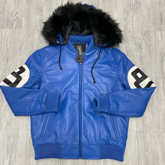 8 Ball Logo Fur Hooded Sheepskin Blue Men's Jacket
