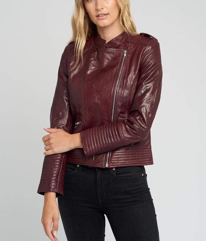 Women’s Dark Maroon Asymmetric Cafe Racer Leather Jacket