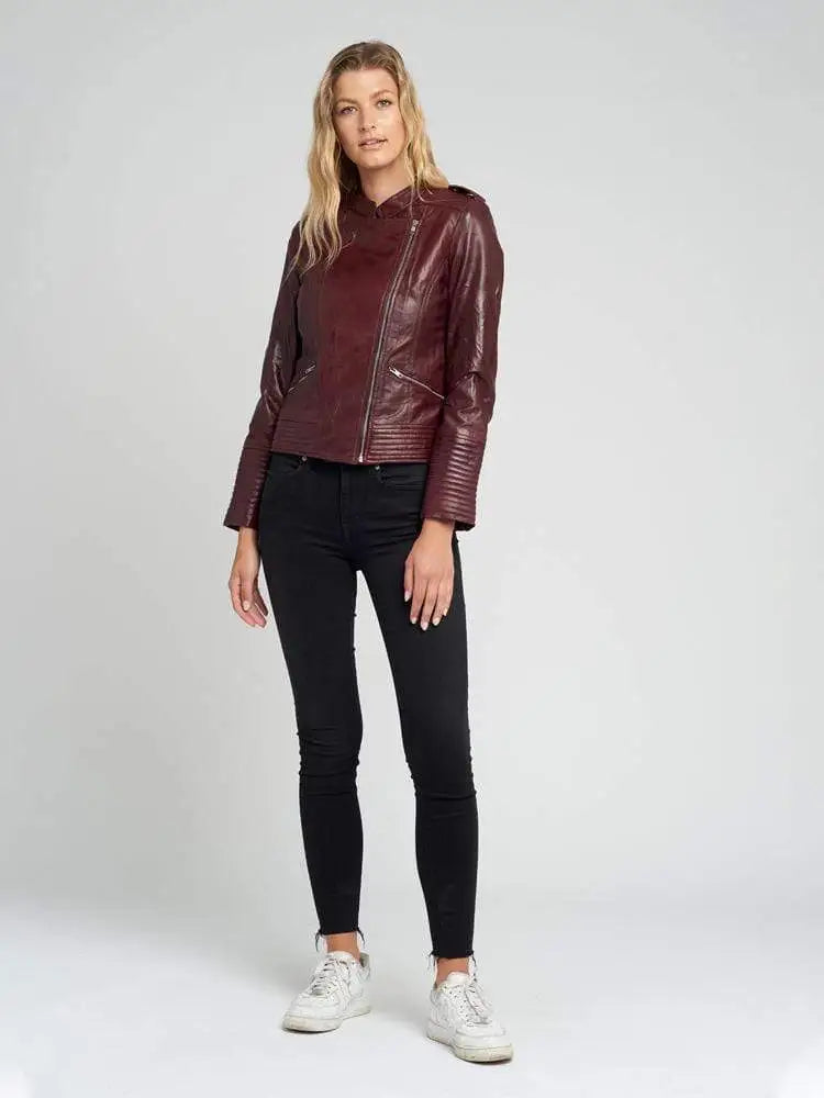Women’s Dark Maroon Asymmetric Cafe Racer Leather Jacket